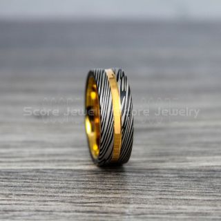Damascus Steel Ring, Damascus Steel Wedding Band, Black Ring, Black Tungsten Band Damascus Steel Pattern Laser Engraved Tungsten Wedding Ring