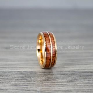 Koa Wood Ring, Koa Wood Wedding Band, 14K Rose Gold Wedding Band, Rose Gold Tungsten Band, Rose Gold Wedding Ring, Rose Gold Tungsten Wedding Band