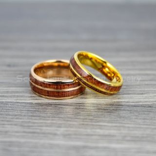 Koa Wood Rings, 2 Piece Couple Set Koa Wood Wedding Bands, 8mm & 6mm Gold Tungsten Bands with Domed Edge and Koa Wood Inlay, Koa Wood Tungsten Wedding Rings