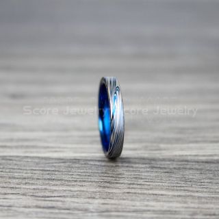 Damascus Steel Ring, Damascus Steel Wedding Band, Blue Ring, Blue Tungsten Band Damascus Steel Pattern Laser Engraved Tungsten Wedding Ring