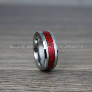 Dragon Ring, Dragon Inlay Ring, Celtic Ring, Silver Tungsten Ring, Silver Wedding Band, Silver Tungsten Ring with Black Carbon Fiber and Red Celtic Dragon Inlay Ring