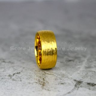 Hammered Tungsten Ring, 14K Yellow Gold Tungsten Wedding Band, Hammered Wedding Band, Yellow Gold Hammered Wedding Ring, Yellow Gold Wedding Ring