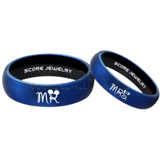 Mickey Mouse Ring, Minnie Mouse Ring, 2 Piece Couple Set Blue Tungsten Bands, Mr & Mrs Rings, Tungsten Wedding Bands, Blue Wedding Rings