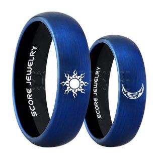 Sun and Moon Rings, Sun Ring, Moon Ring, 2 Piece Couple Tribal Sun and Moon Rings, Sun and Moon Wedding Bands, Tribal Sun and Moon Rings, Blue Tungsten Bands, Sun and Moon Wedding Bands