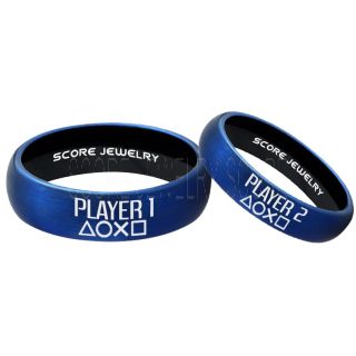 Player 1 Player 2 Rings, Gamer Rings, Blue Tungsten Rings, Blue Wedding Bands, Couple Ring Set Gamer Rings, Blue Tungsten Bands