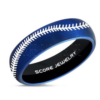 Baseball Ring, Baseball Stitch Pattern Ring, Blue Tungsten Ring, Blue Ring, Blue Wedding Band, Blue Wedding Ring, Baseball Stitch Ring, Blue Tungsten Band
