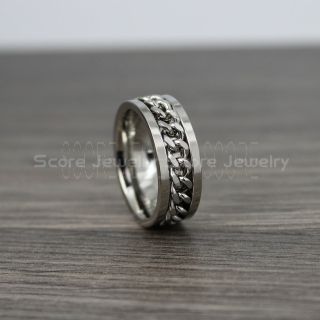 Silver Stainless Steel Ring, Spinner Ring with Silver Plated Steel Chain Link Inlay, Silver Wedding Band, Silver Spinner Ring