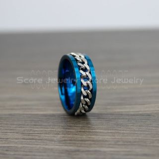 Blue Stainless Steel Ring, Spinner Ring with Silver Steel Chain Link Inlay, Blue Wedding Band, Blue Spinner Ring