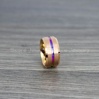 Rainbow Ring, Rainbow Wedding Band, 14K Rose Gold Tungsten Band Beveled Edge Center Rainbow Groove, 12mm 14K Rose Gold Tungsten Wedding Band