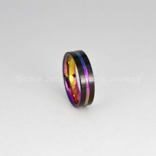 Rainbow Ring, Pride Ring, Black Tungsten Ring with Rainbow Groove, Rainbow Wedding Ring, Rainbow Wedding Band, Black Tungsten Wedding Ring