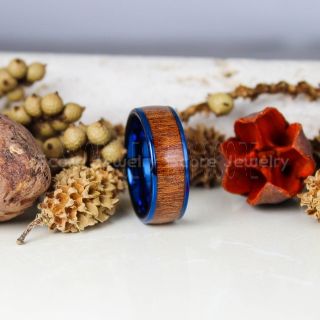 Koa Wood Ring, Koa Wood Wedding Band, 8mm Blue Tungsten Band with Domed Edge and Koa Wood Inlay, Koa Wood Tungsten Wedding Ring