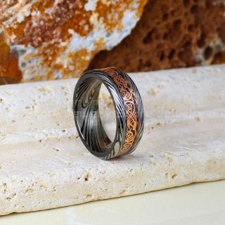 Dragon Ring, Damascus Steele Ring, Dragon Inlay Ring, Celtic Ring, Black Tungsten Ring, Black Wedding Band, Black Tungsten Ring with Black Carbon Fiber and Rose Gold Celtic Dragon Inlay Ring