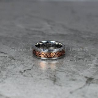 Dragon Ring, Dragon Inlay Ring, Celtic Ring, Silver Tungsten Ring Damascus Steel Pattern, Silver Wedding Band, Silver Tungsten Ring with Black Carbon Fiber and Rose Gold Celtic Dragon Inlay Ring