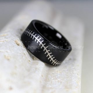 Baseball Ring, Baseball Stitch Pattern Ring, 10mm Black Tungsten Ring, Baseball Jewelry, Black Wedding Band, Black Wedding Ring