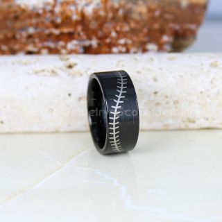 Baseball Ring, Baseball Stitch Pattern Ring, 10mm Black Tungsten Ring, Baseball Jewelry, Black Wedding Band, Black Wedding Ring