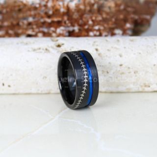 Baseball Ring, Baseball Stitch Pattern Ring, 10mm Black Tungsten Ring with Blue Groove, Baseball Jewelry, Black Wedding Band, Black Wedding Ring