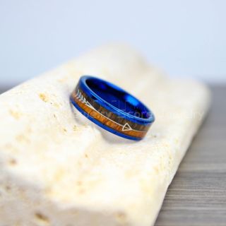 Koa Wood Ring, Koa Wood Wedding Band, 6mm Blue Tungsten Band with Flat Edge and Koa Wood Inlay, Koa Wood Tungsten Wedding Ring