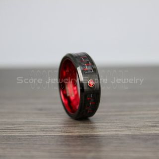 Red Ring, Red Tungsten Ring, Red Wedding Band, Black Tungsten Ring with Red Carbon Fiber and AAAAA Red CZ Stone Inlay Ring