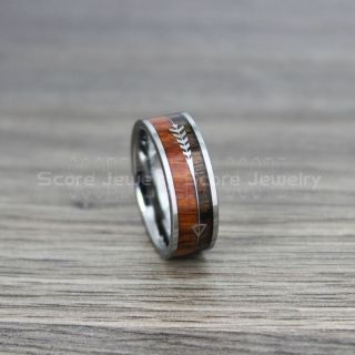 Koa Wood Ring, Koa Wood Wedding Band, 8mm Silver Tungsten Band with Flat Edge and Koa Wood Inlay, Koa Wood Tungsten Wedding Ring