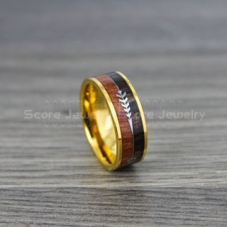 Koa Wood Ring, Koa Wood Wedding Band, 8mm 14K Yellow Gold Tungsten Band with Flat Edge and Koa Wood Inlay, Koa Wood Tungsten Wedding Ring
