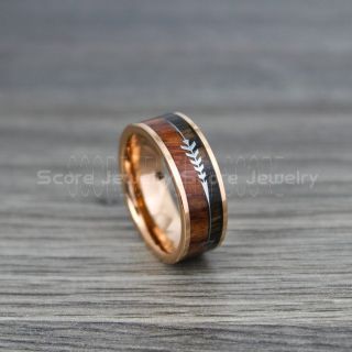 Koa Wood Ring, Koa Wood Wedding Band, 8mm 14K Rose Gold Tungsten Band with Flat Edge and Koa Wood Inlay, Koa Wood Tungsten Wedding Ring