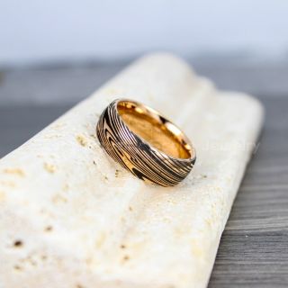 Damascus Steel Ring, Rose Gold Ring, Rose Gold Tungsten Band with Domed Edge Damascus Steel Pattern Laser Engraved Tungsten Wedding Ring