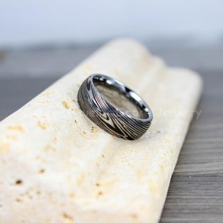 Damascus Steel Ring, Damascus Steel Wedding Band, Silver Tungsten Ring, Silver Tungsten Band Damascus Steel Pattern Laser Engraved Tungsten Wedding Ring