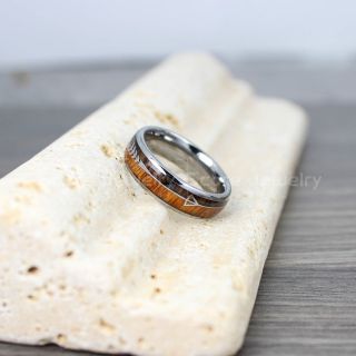Koa Wood Ring, Koa Wood Wedding Band, 6mm Silver Tungsten Band with Domed Edge and Koa Wood Inlay, Koa Wood Tungsten Wedding Ring