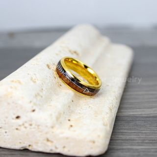 Koa Wood Ring, Koa Wood Wedding Band, 6mm 14K Yellow Gold Tungsten Band with Domed Edge and Koa Wood Inlay, Koa Wood Tungsten Wedding Ring
