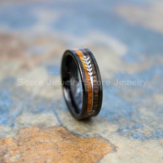 Koa Wood Ring, Koa Wood Wedding Band, 6mm Black Tungsten Band with Flat Edge and Koa Wood Inlay, Koa Wood Tungsten Wedding Ring