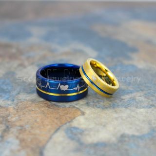 Heartbeat Rings, Electrocardiogram Rings, 2 Piece Couple Set Heartbeat Wedding Bands, Blue Electrocardiogram Tungsten Wedding Bands, Blue Wedding Bands, Heartbeat Wedding Rings