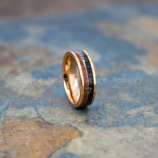 Koa Wood Ring, Koa Wood Wedding Band, 6mm 14K Rose Gold Tungsten Band with Flat Edge and Koa Wood Inlay, Koa Wood Tungsten Wedding Ring