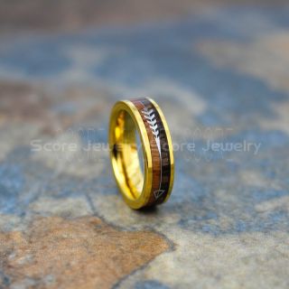 Koa Wood Ring, Koa Wood Wedding Band, 6mm 14K Yellow Gold Tungsten Band with Flat Edge and Koa Wood Inlay, Koa Wood Tungsten Wedding Ring
