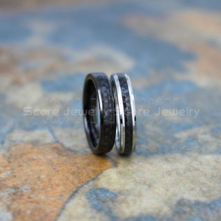 Silver Tungsten Ring, Silver Tungsten Wedding Rings,  2 Piece Couple Set Silver Tungsten Rings with Carbon Fiber Inlay