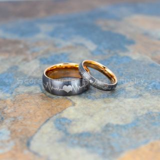 Heartbeat Rings, 2 Piece Couple Set Wedding Bands, Gunmetal Tungsten Rings, Heartbeat Rings, Heartbeat Couple Set Gunmetal Tungsten Rings, Gunmetal Wedding Bands