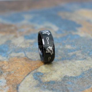 Fishing Ring, Fish Hook Ring, Bass Ring, Bass Fishing Ring, Black Ring, Black Tungsten Ring, Black Wedding Band, Hunting Ring, Fish Hooks Wedding Band