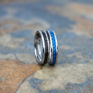 Silver Tungsten Ring, Silver Tungsten Wedding Rings,  2 Piece Couple Set Silver Tungsten Rings with Carbon Fiber Inlay