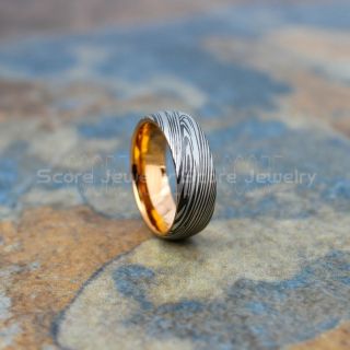 Gunmetal Ring, Damascus Steel Ring, Rose Gold Ring, Rose Gold Tungsten Band, Damascus Steel Pattern Laser Engraved Tungsten Wedding Ring