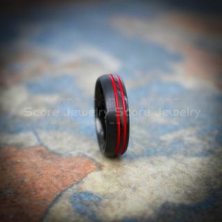 Black Tungsten Ring, Red Ring, Black Tungsten Wedding Band, Black Wedding Band with Red Grooves, Black Wedding Ring, Black Tungsten Wedding Ring