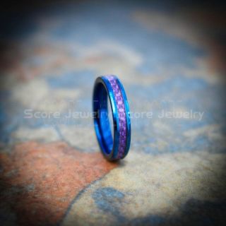 Blue Tungsten Ring, Purple Tungsten Ring, Blue Wedding Band, Blue Tungsten Ring with Purple Carbon Fiber Inlay, Blue Tungsten Wedding band