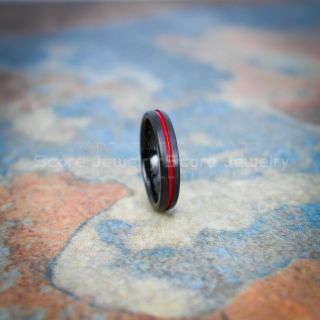 Black Tungsten Ring, Black Tungsten Wedding Band with Red Groove, Black Wedding Band, Black Wedding Ring, Black Tungsten Wedding Band