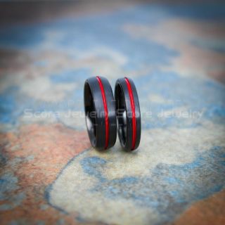Black Tungsten Rings, Black Tungsten Wedding Bands, 2 Piece Couple Set Black Wedding Bands with Red Grooves, Black Wedding Rings, Black Tungsten Wedding Rings