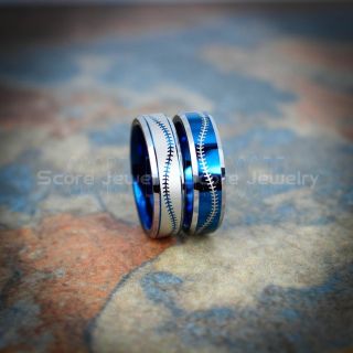Baseball Rings, 2 Piece Couple Set Baseball Stitch Pattern Rings, Blue Tungsten Rings, Baseball Jewelry, Blue Wedding Bands, Blue Wedding Rings