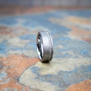 Meteorite Ring, Silver Tungsten Band with Meteorite Inlay, Meteorite Wedding Band, Meteorite Wedding Ring, Silver Tungsten Ring, Silver Wedding Band