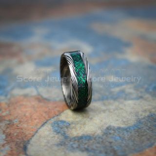 Damascus Steele Ring, Carbon Fiber Ring, Black Tungsten Ring, Black Wedding Band, Black Tungsten Ring with Green Carbon Fiber and Black Dragon Inlay Ring