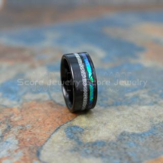 Meteorite Ring, Abalone Shell Ring, Abalone Ring, 10mm Black Tungsten Wedding Band, Tungsten Ring with Imitation Meteorite Texture Inlay