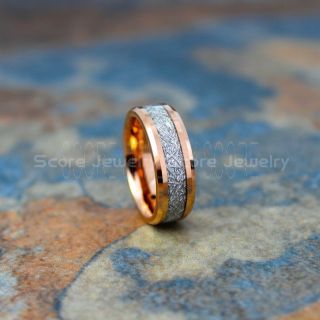 Meteorite Ring, 14K Rose Gold Tungsten Band with Meteorite Inlay, Meteorite Wedding Band, Meteorite Wedding Ring, Rose Gold Tungsten Ring, Rose Gold Wedding Band