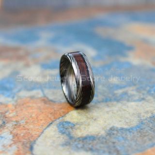Damascus Steele Ring, Redwood Ring, Black Tungsten Ring, Black Wedding Band, Black Tungsten Ring with Redwood Inlay and Damascus Steel Pattern