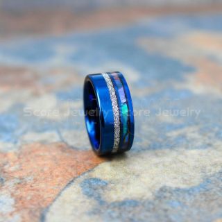 Meteorite Ring, Abalone Shell Ring, Abalone Ring, 10mm Blue Tungsten Wedding Band, Tungsten Ring with Imitation Meteorite Texture Inlay