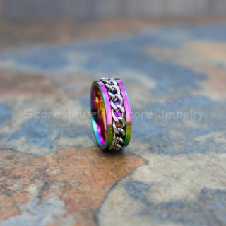 Rainbow Stainless Steel Ring, Spinner Ring with Silver Steel Chain Link Inlay, Rainbow Wedding Band, Rainbow Spinner Ring